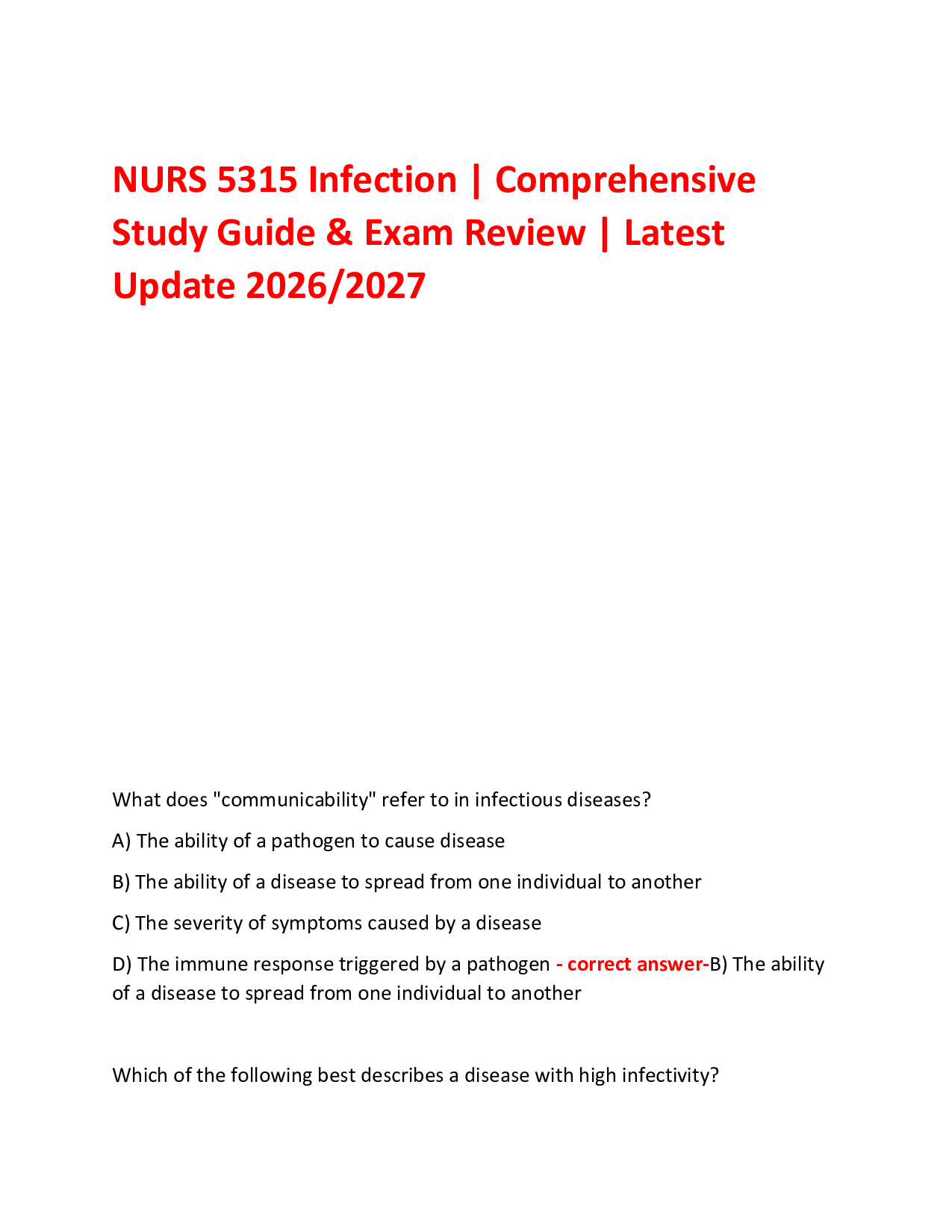 NURS 5315 Infection | Comprehensive  Study Guide & Exam Review | Latest Update 2026/2027