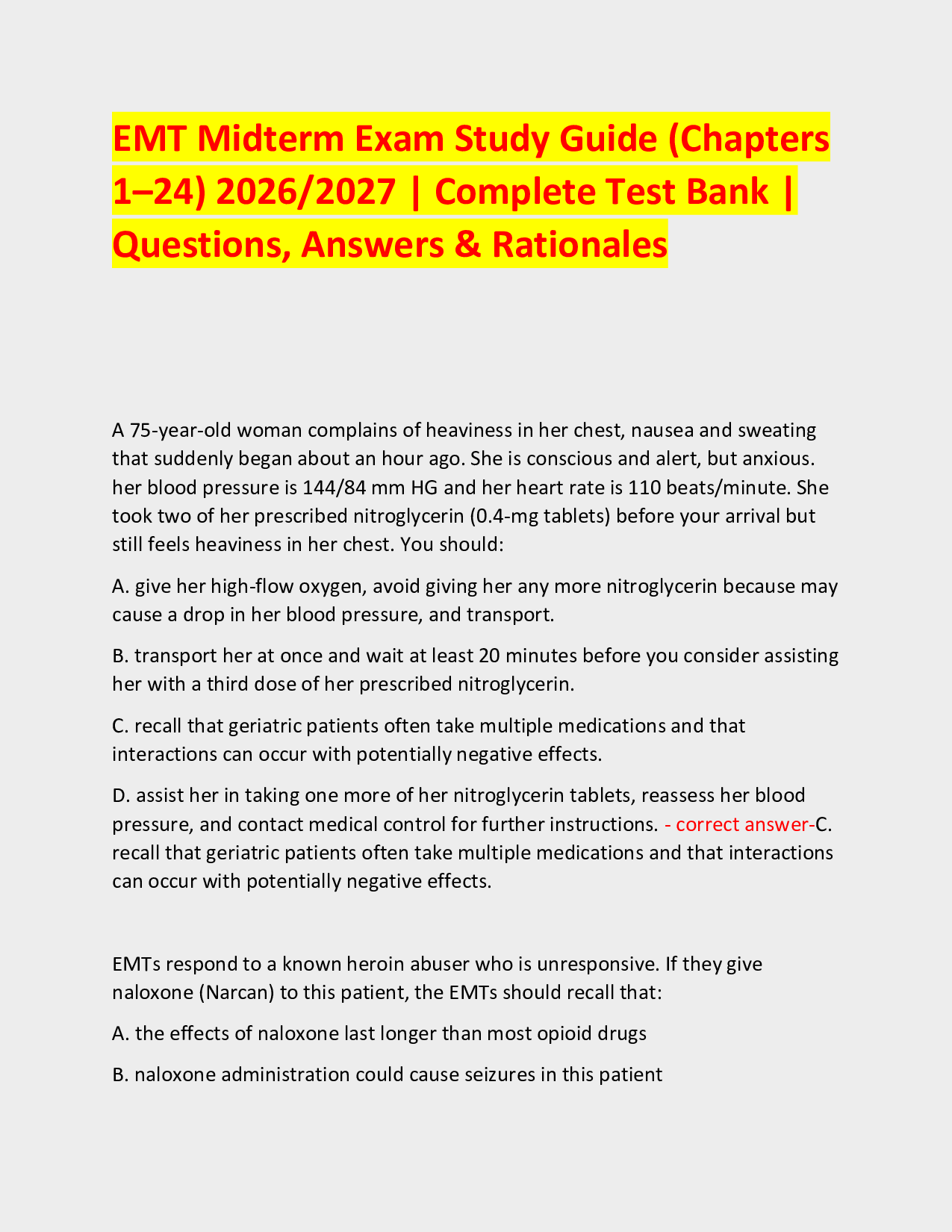 EMT Midterm Exam Study Guide (Chapters  1–24) 2026/2027 | Complete Test Bank | Questions, Answers & Rationales