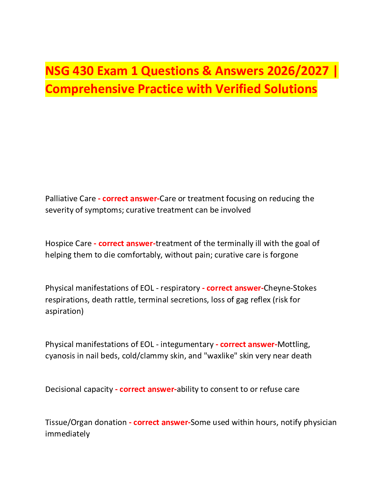 NSG 430 Exam 1 Questions & Answers 2026/2027 | Comprehensive Practice with Verified Solutions