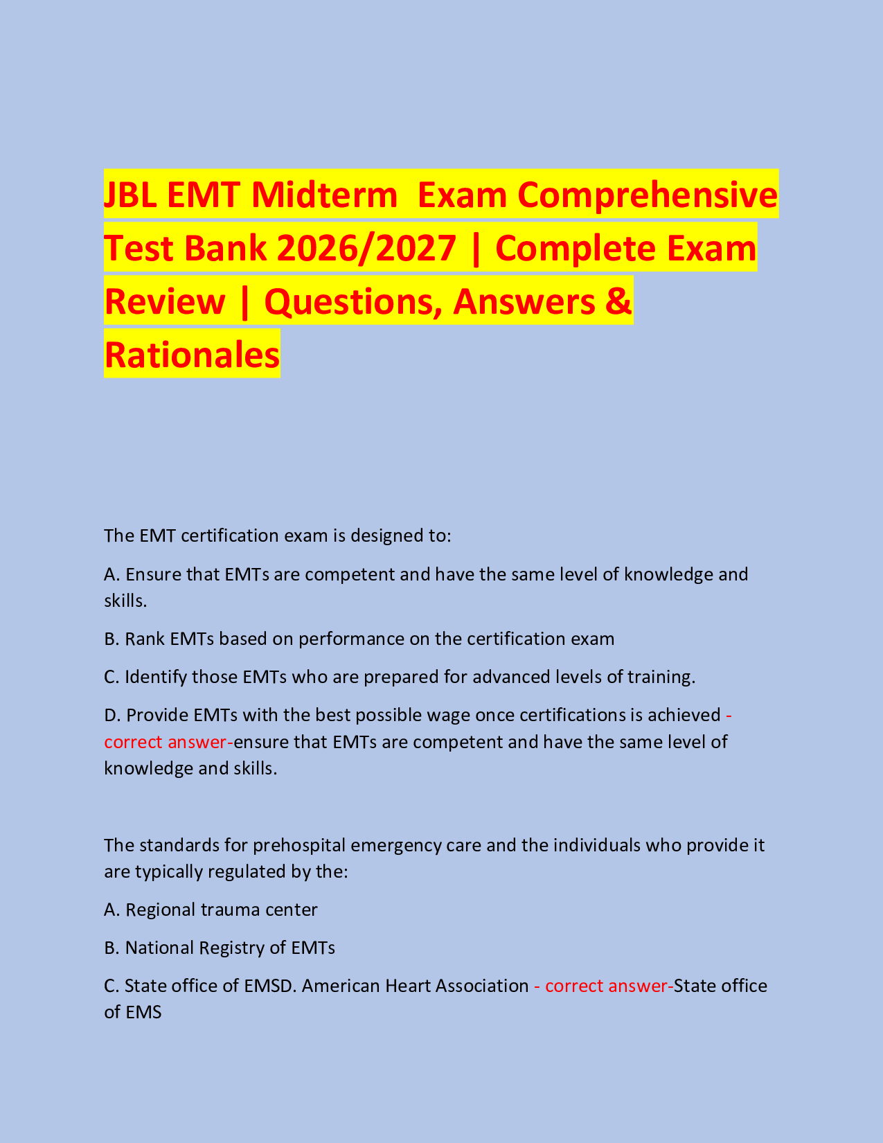 JBL EMT Midterm  Exam Comprehensive  Test Bank 2026/2027 | Complete Exam  Review | Questions, Answers & Rationales