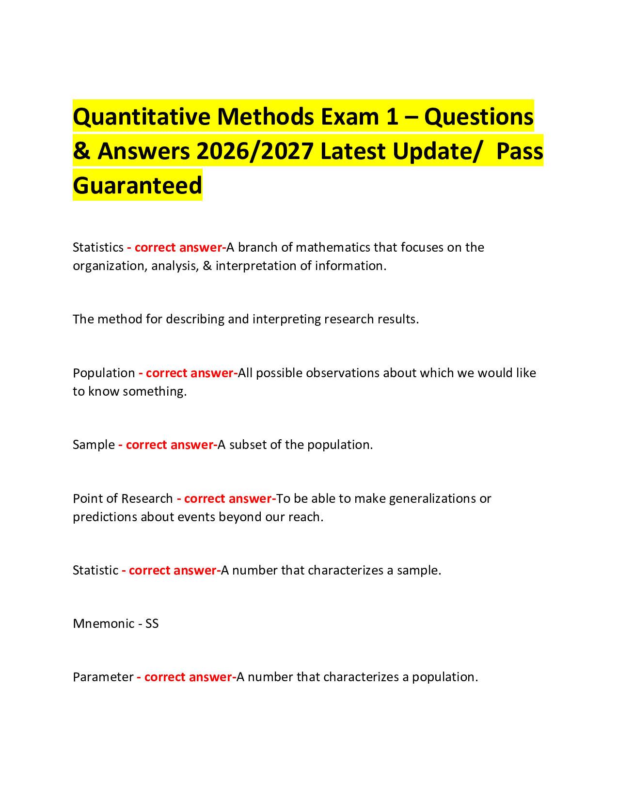 Quantitative Methods Exam 1 – Questions  & Answers 2026/2027 Latest Update/  Pass Guaranteed