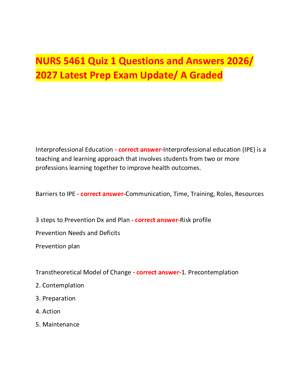 NURS 5461 Quiz 1 Questions and Answers 2026/ 2027 Latest Prep Exam Update/ A Graded