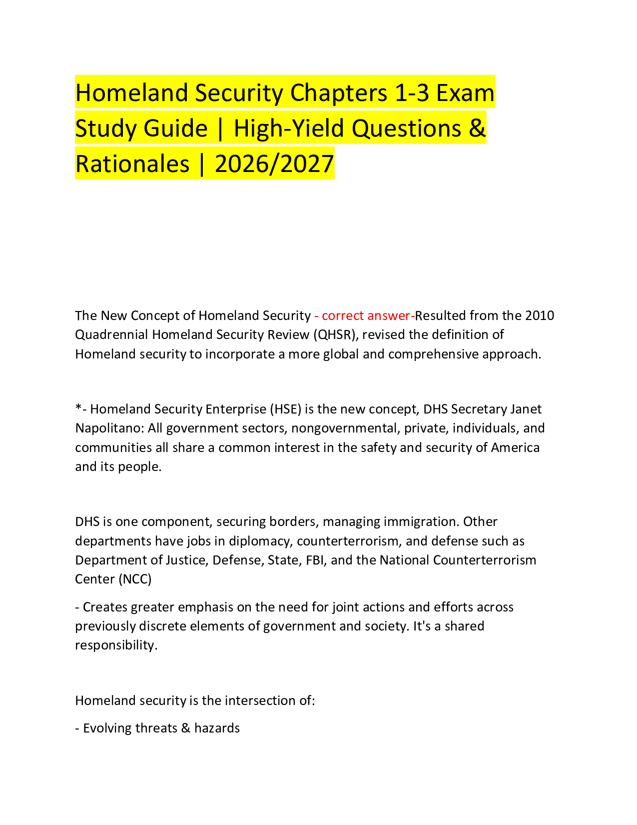 Homeland Security Chapters 1-3 Exam  Study Guide | High-Yield Questions & Rationales | 2026/2027