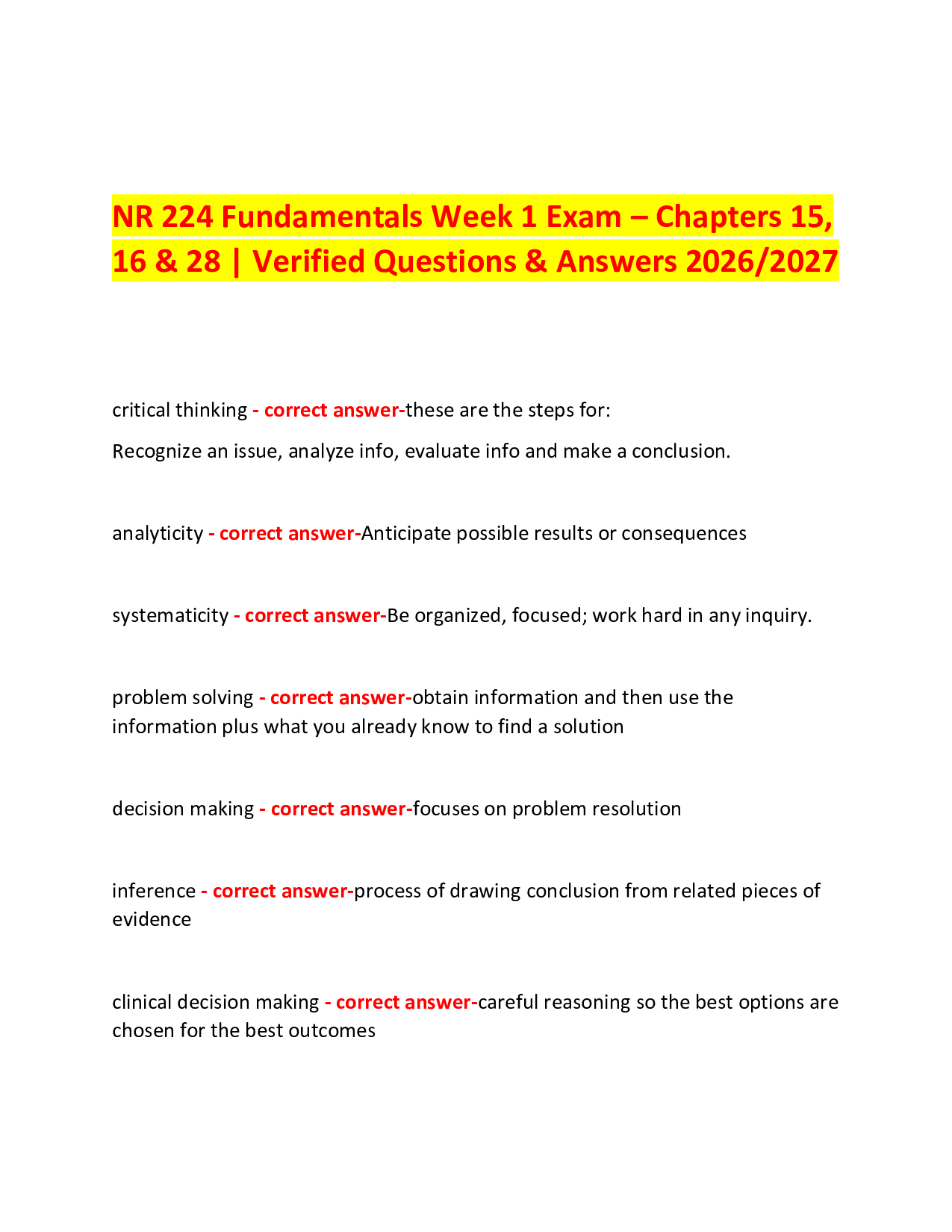 NR 224 Fundamentals Week 1 Exam – Chapters 15,  16 & 28 | Verified Questions & Answers 2026/2027
