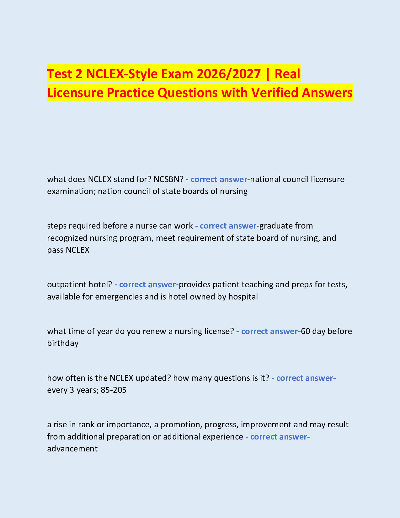 Test 2 NCLEX-Style Exam 2026/2027 | Real  Licensure Practice Questions with Verified Answers