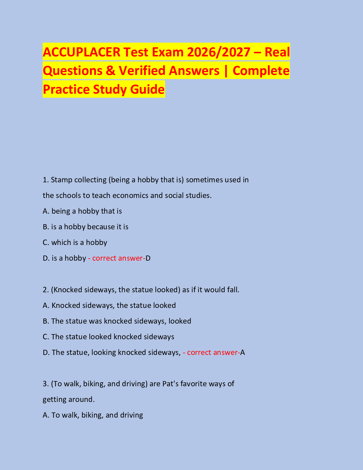 ACCUPLACER Test Exam 2026/2027 – Real  Questions & Verified Answers | Complete Practice Study Guide