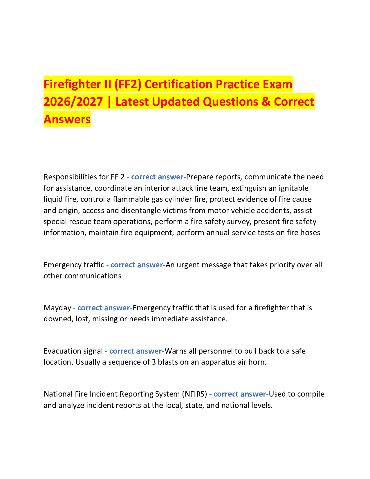 Firefighter II (FF2) Certification Practice Exam  2026/2027 | Latest Updated Questions & Correct Answers