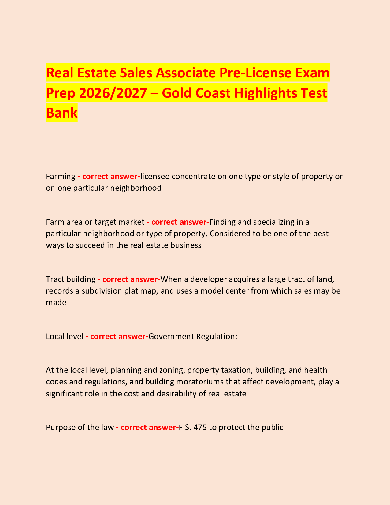 Real Estate Sales Associate Pre-License Exam  Prep 2026/2027 – Gold Coast Highlights Test Bank