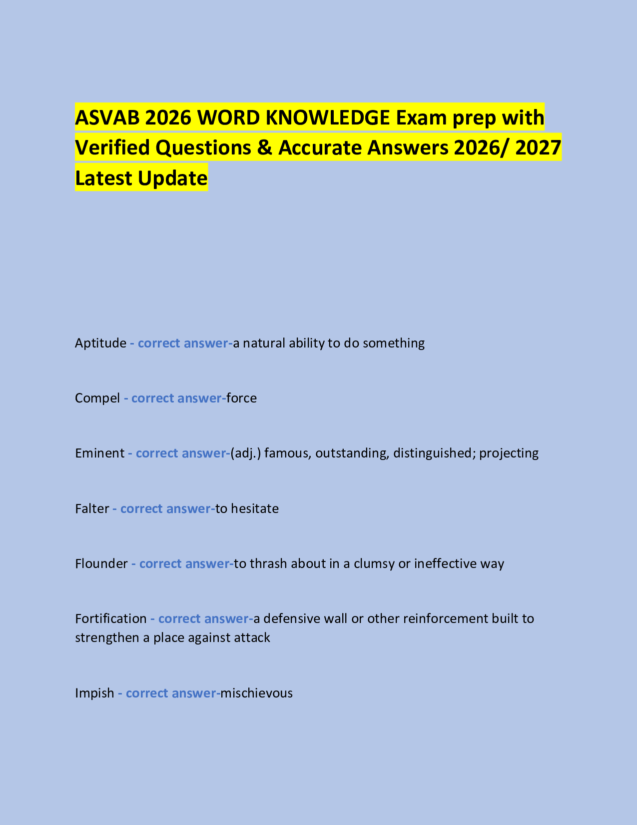 ASVAB 2026 WORD KNOWLEDGE Exam prep with  Verified Questions & Accurate Answers 2026/ 2027 Latest Update