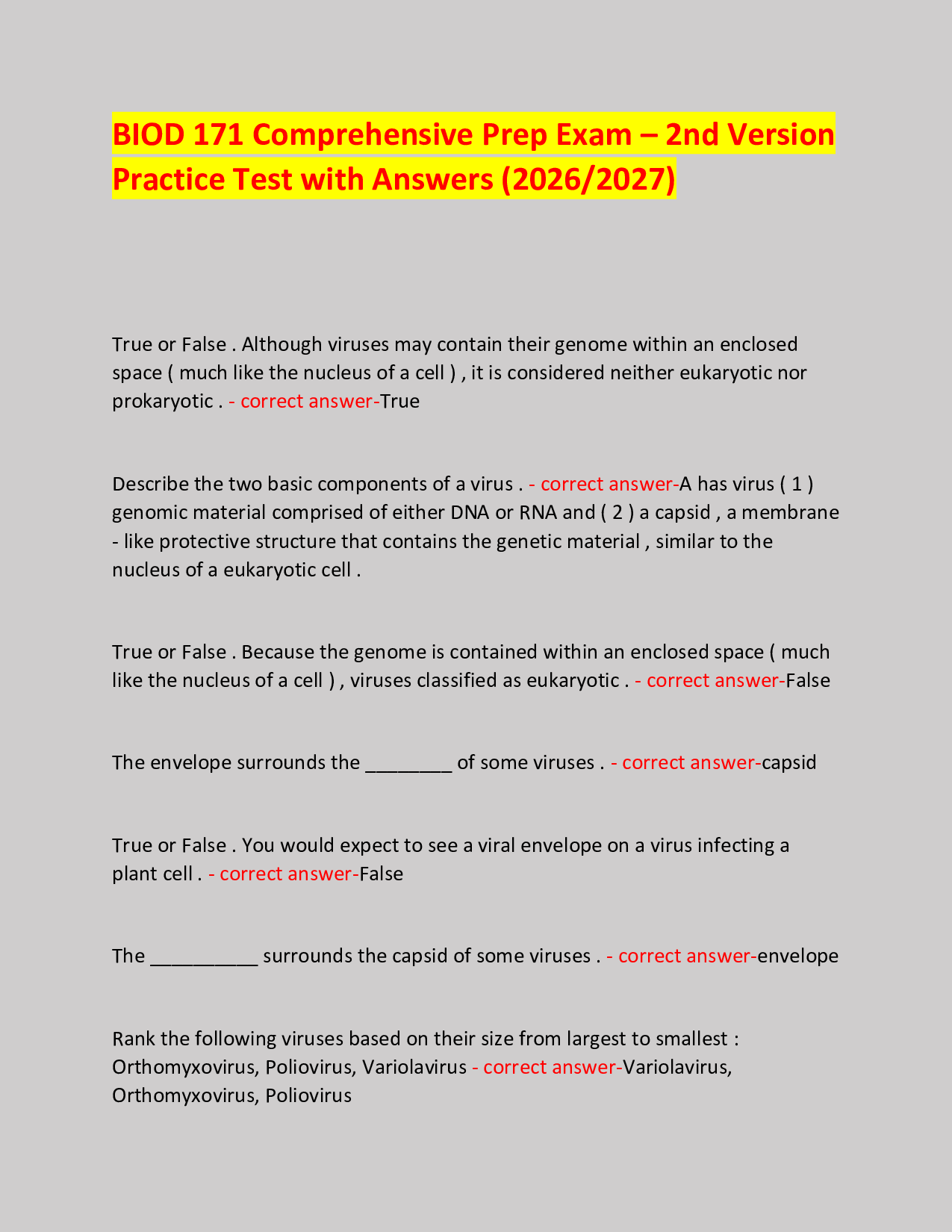 BIOD 171 Comprehensive Prep Exam – 2nd Version Practice Test with Answers (2026/2027)