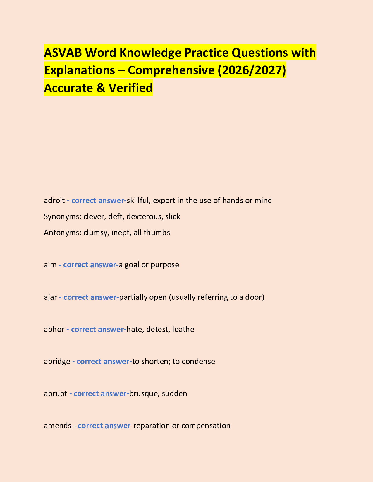 ASVAB Word Knowledge Practice Exam Questions with  Answers – Comprehensive (2026/2027) Accurate & Verified