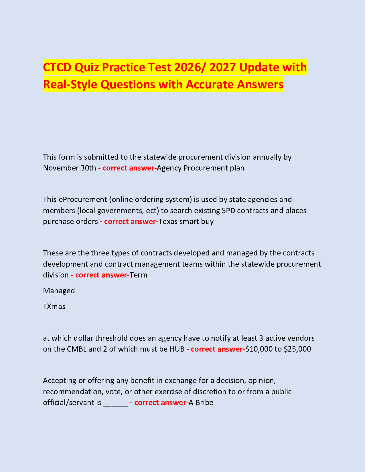 CTCD Quiz Practice Test 2026/ 2027 Update with  Real-Style Questions with Accurate Answers