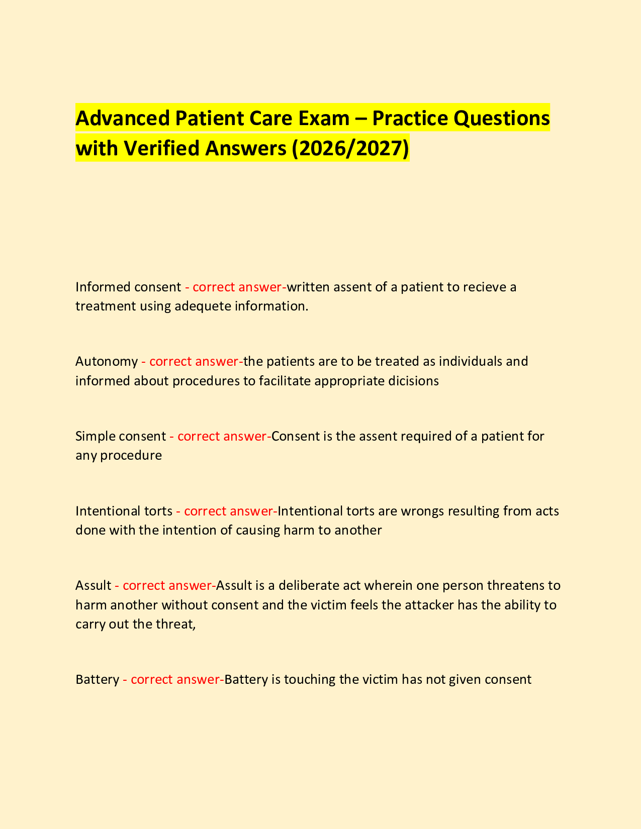 Advanced Patient Care Exam – Practice Questions with Verified Answers (2026/2027)