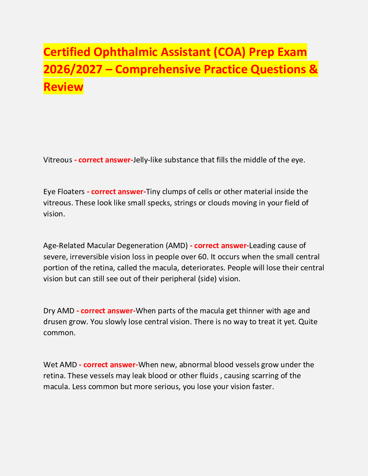 Certified Ophthalmic Assistant (COA) Prep Exam  2026/2027 – Comprehensive Practice Questions & Review