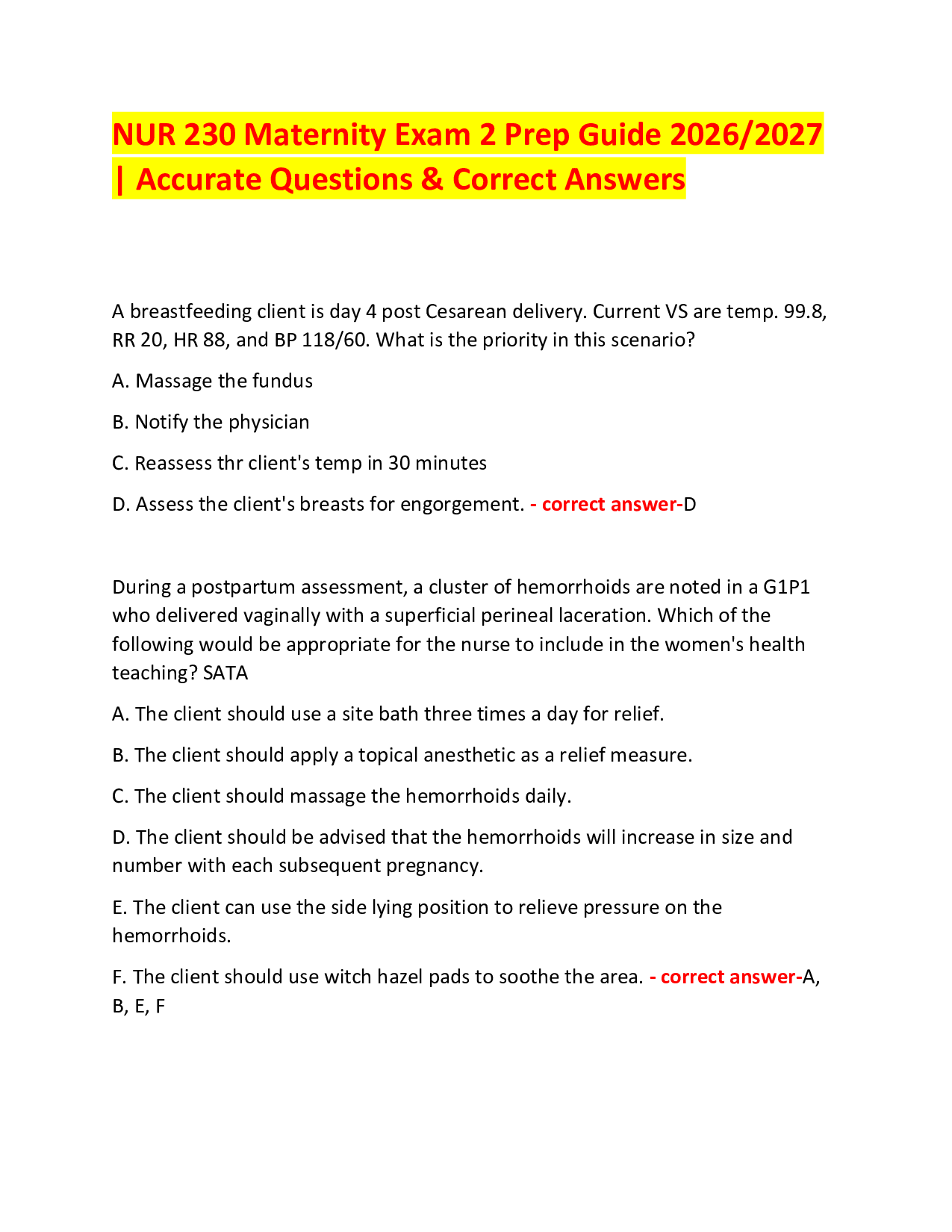 NUR 230 Maternity Exam 2 Prep Guide 2026/2027 | Accurate Questions & Correct Answers