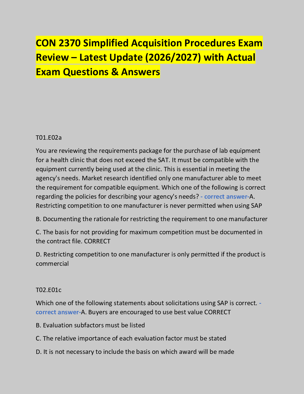 CON 2370 Simplified Acquisition Procedures Exam  Review – Latest Update (2026/2027) with Actual Exam Questions & Answers