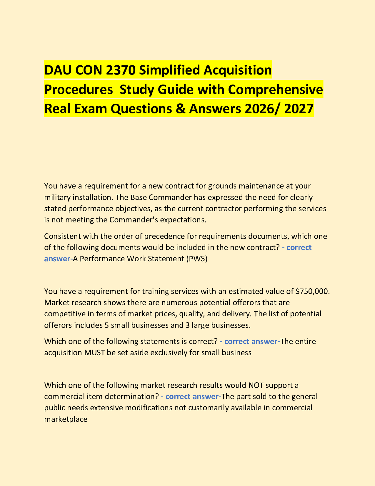 DAU CON 2370 Simplified Acquisition  Procedures  Study Guide with Comprehensive Real Exam Questions & Answers 2026/ 2027