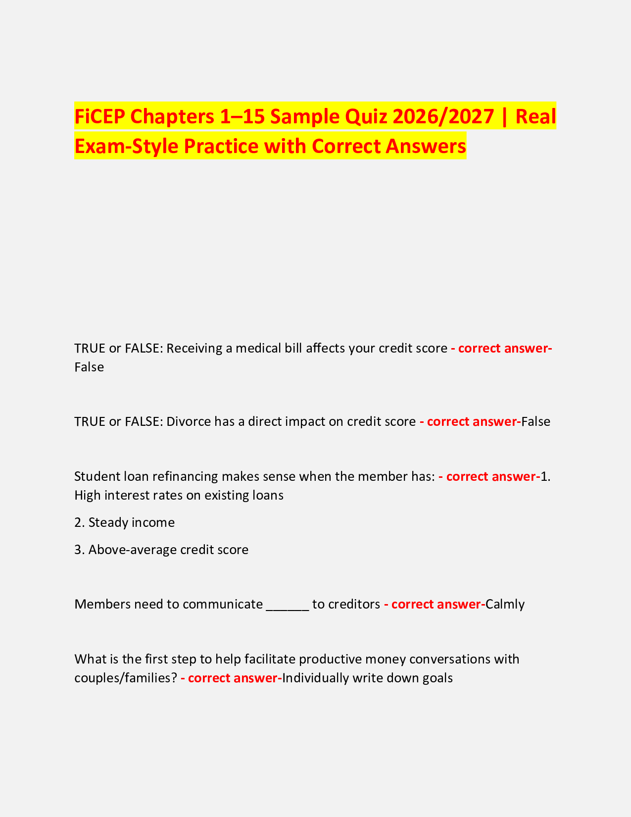 FiCEP Chapters 1–15 Sample Quiz 2026/2027 | Real Exam-Style Practice with Correct Answers
