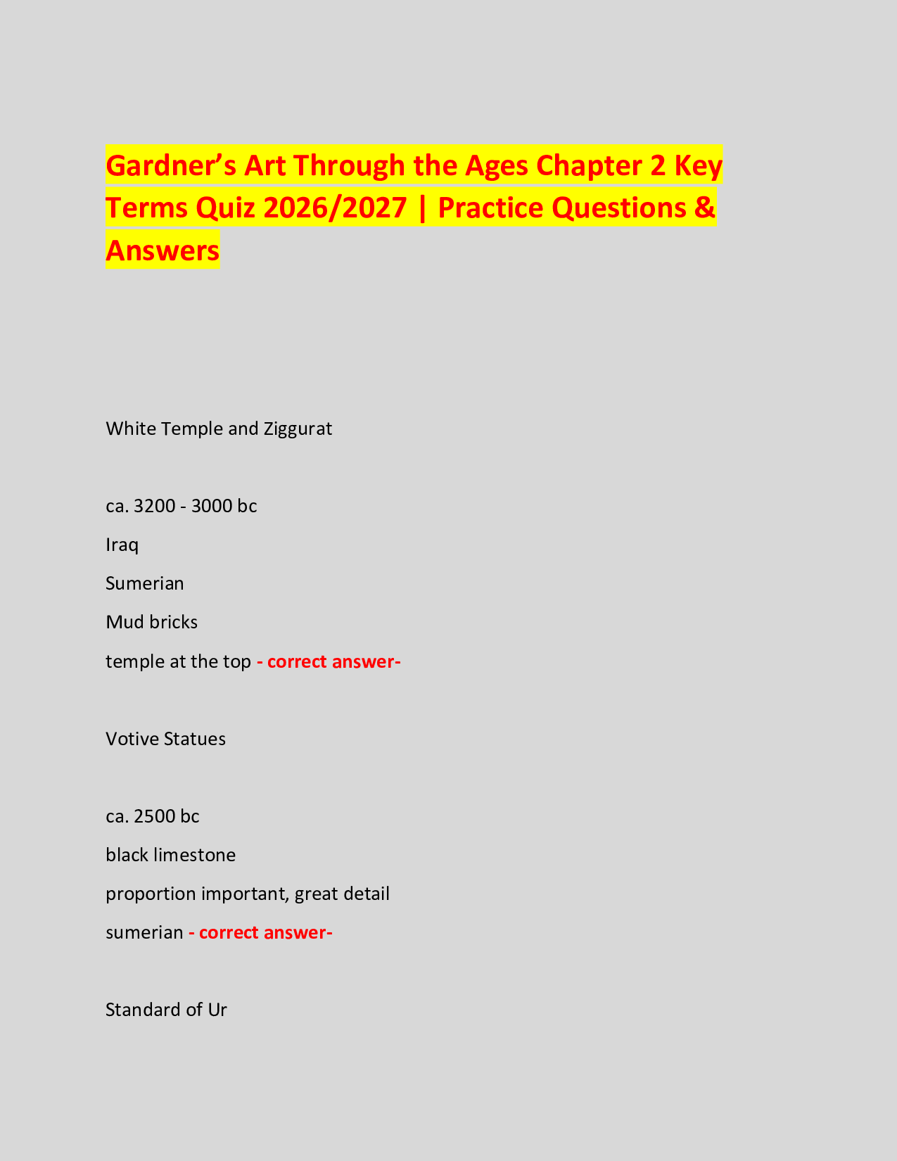 Gardner’s Art Through the Ages Chapter 2 Key  Terms Quiz 2026/2027 | Practice Questions & Answers