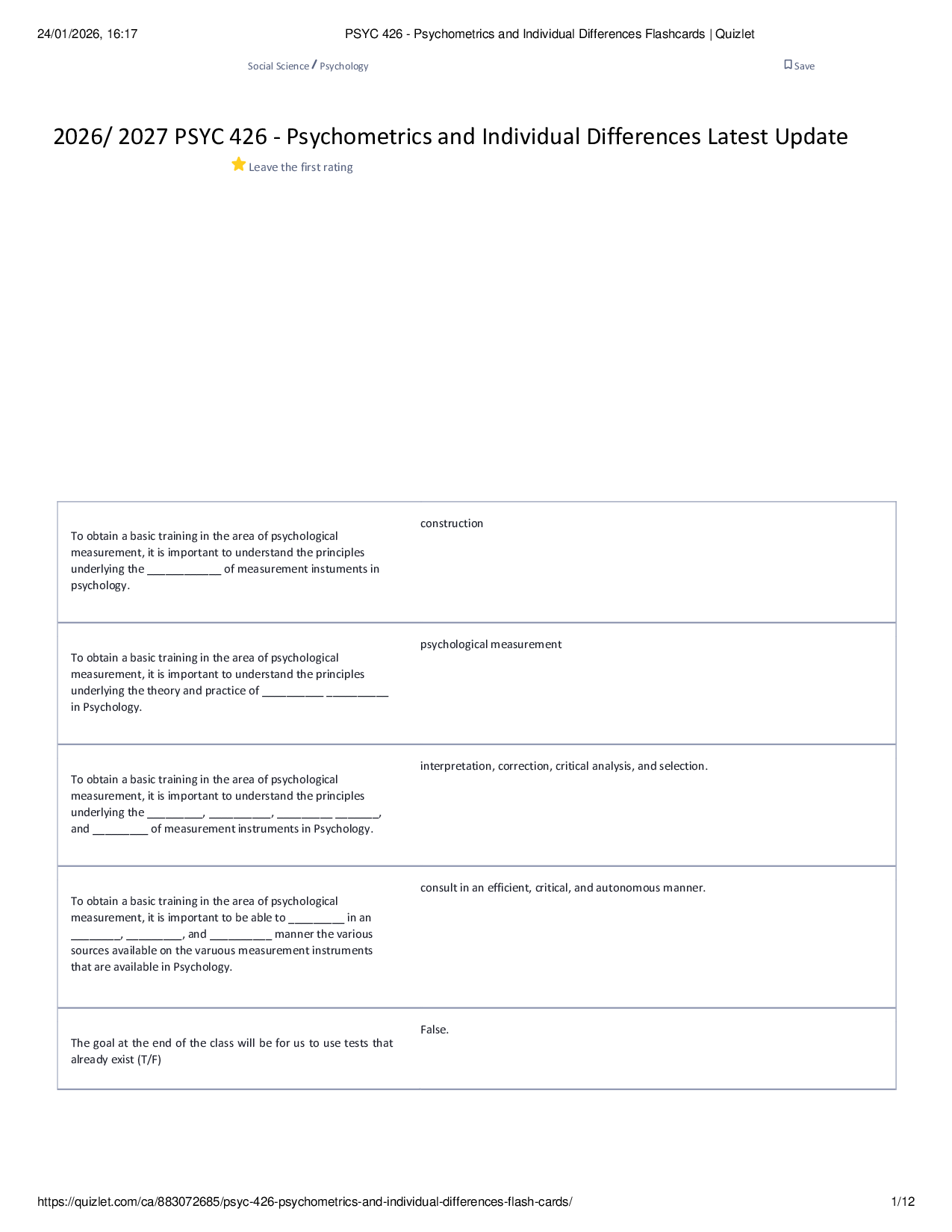 2026/ 2027 PSYC 426 - Psychometrics and Individual Differences Latest Update