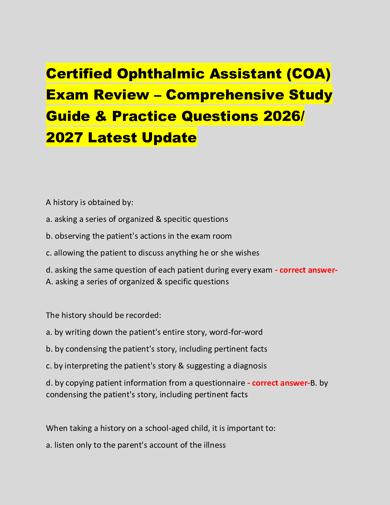 Certified Ophthalmic Assistant (COA)  Exam Review – Comprehensive Study  Guide & Practice Questions 2026/  2027 Latest Update