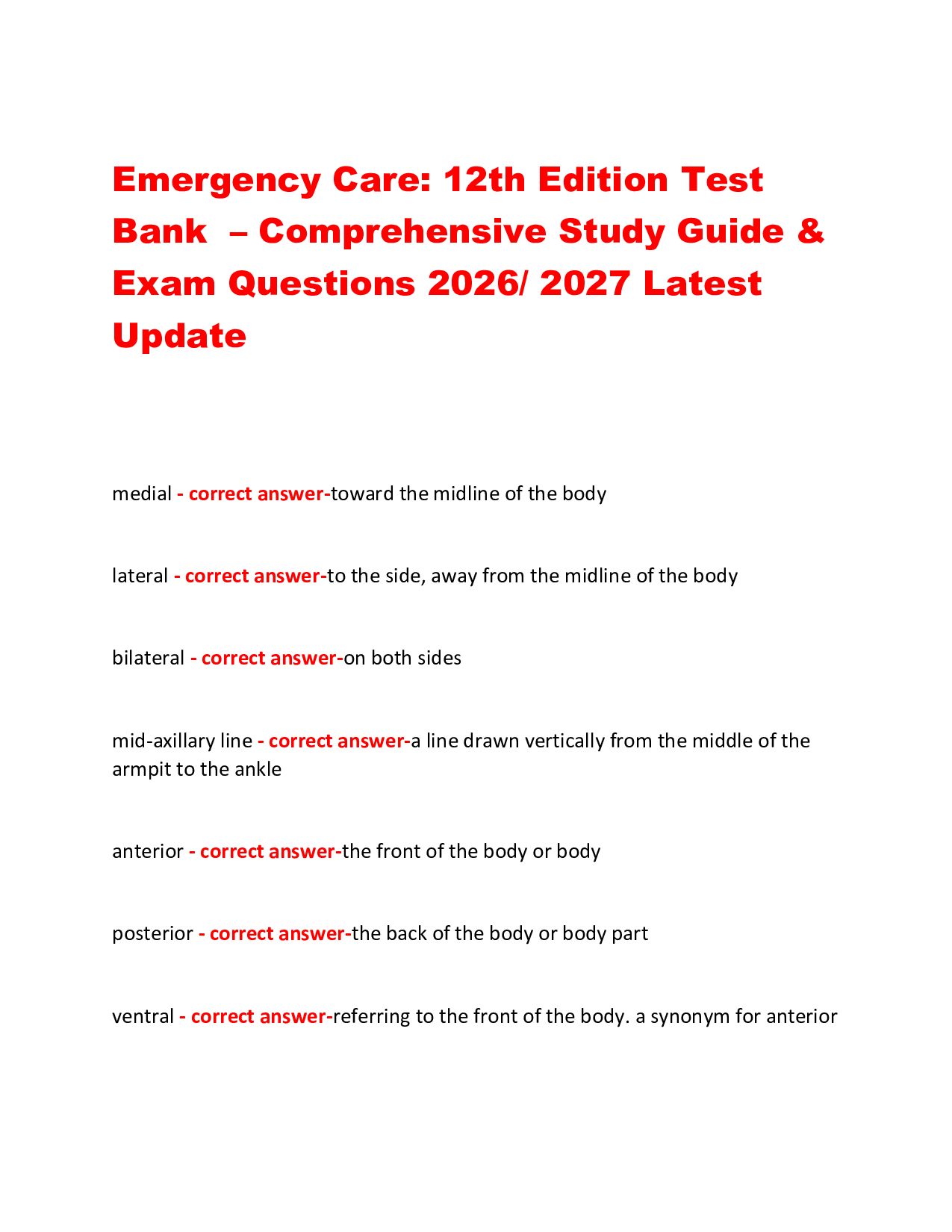 Emergency Care: 12th Edition Test  Bank  – Comprehensive Study Guide &  Actual Exam Questions 2026/ 2027 Latest  Update