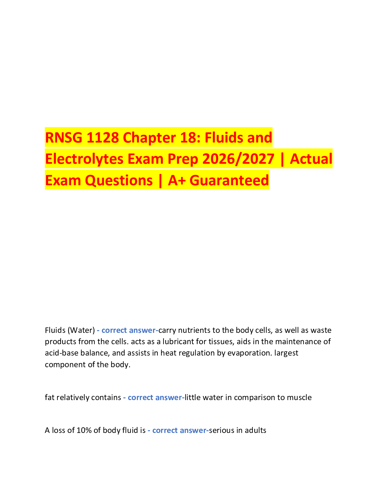 Fluid & Electrolytes (RNSG 1128)  Latest Exam 2026/2027 | Practice  Questions & Correct Answers