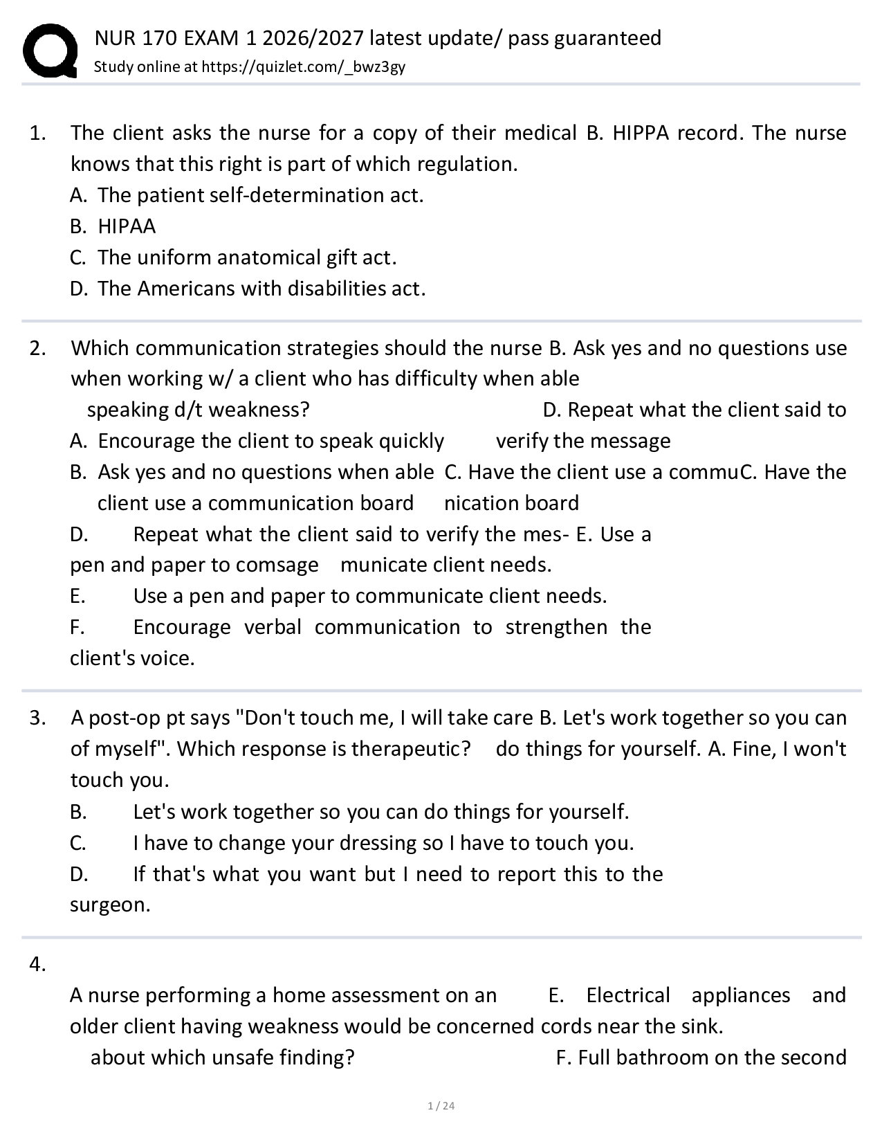 NUR 170 EXAM 1 2026/2027 latest update/ pass guaranteed