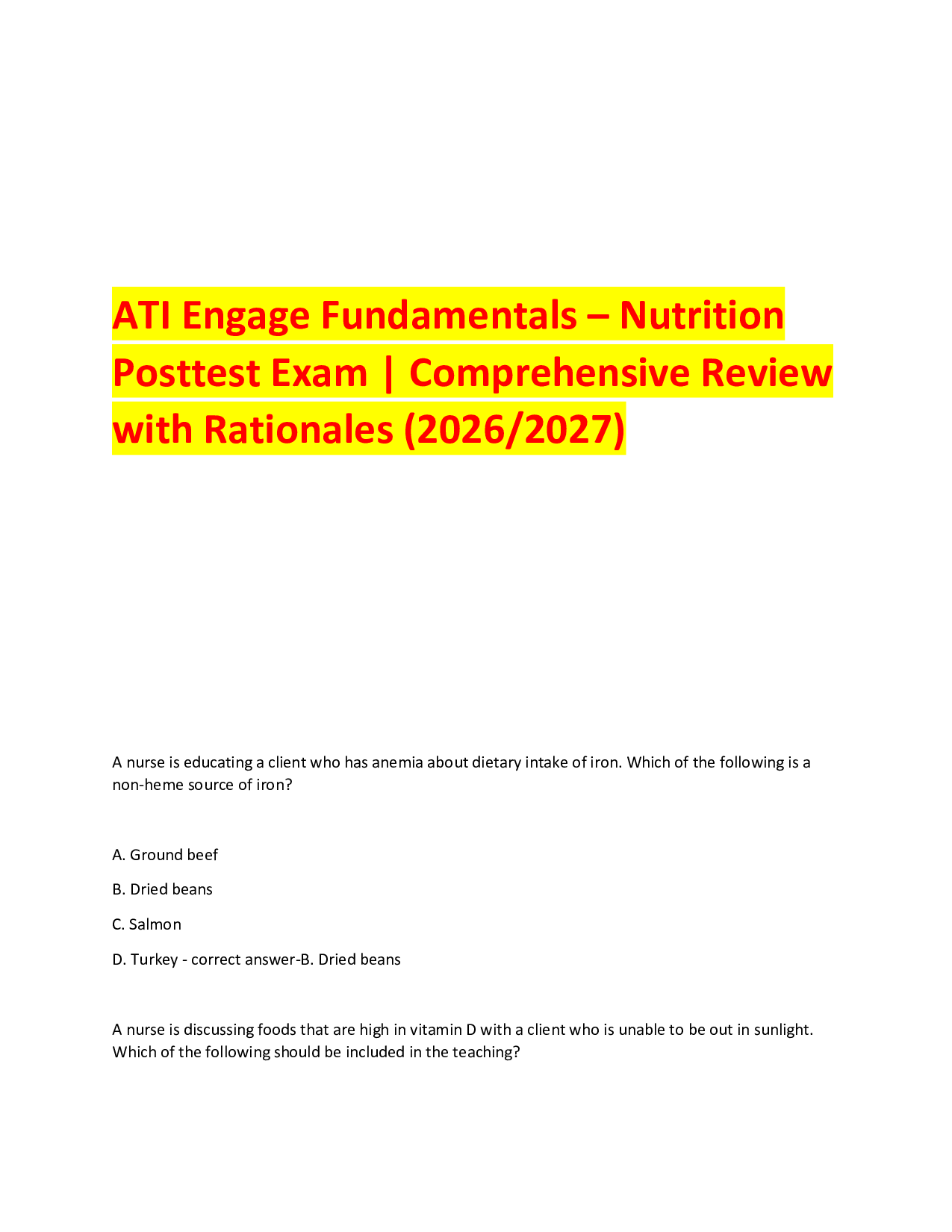 ATI Engage Fundamentals – Nutrition Posttest Latest Exam | Comprehensive Study Review with Rationales (2026/2027)