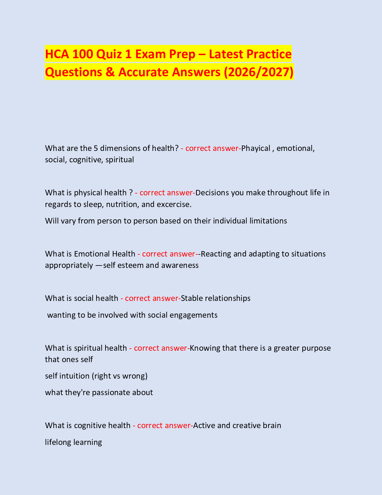 HCA 100 Quiz 1 Exam Prep – Latest Practice  Questions & Accurate Answers (2026/2027)