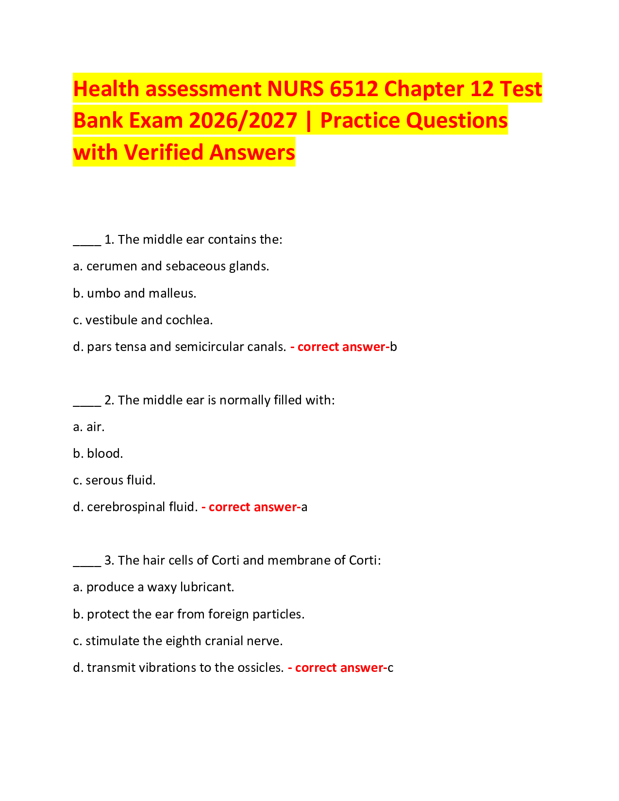 Health assessment NURS 6512 Chapter 12 Test Bank Exam 2026/2027 | Practice Questions with Verified Answers