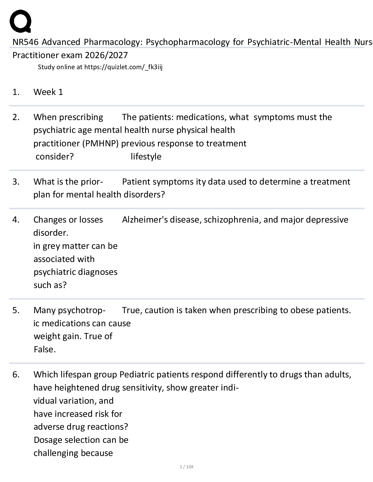 NR546 Advanced Pharmacology: Psychopharmacology for Psychiatric-Mental Health Nurse Practitioner exam 2026/2027
