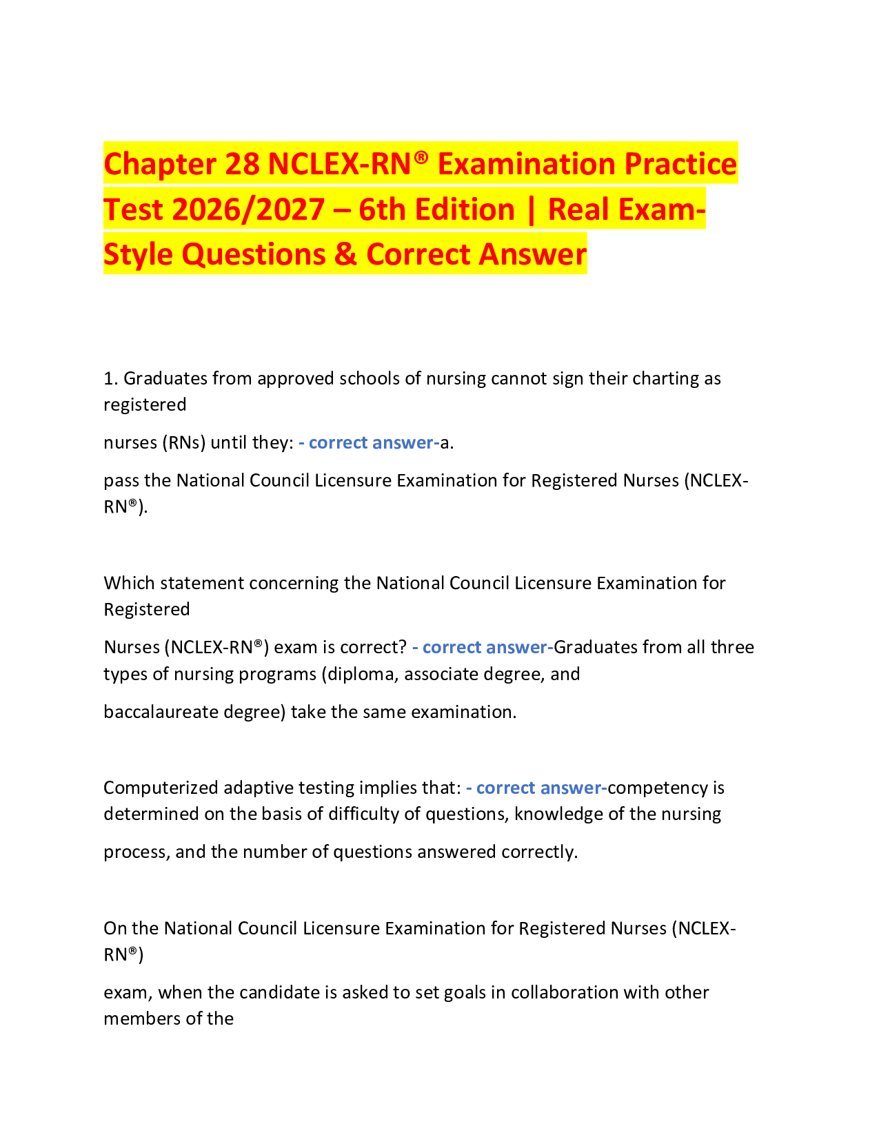 Chapter 28 NCLEX-RN® Examination Practice  Test 2026/2027 – 6th Edition | Real ExamStyle Questions & Correct Answer
