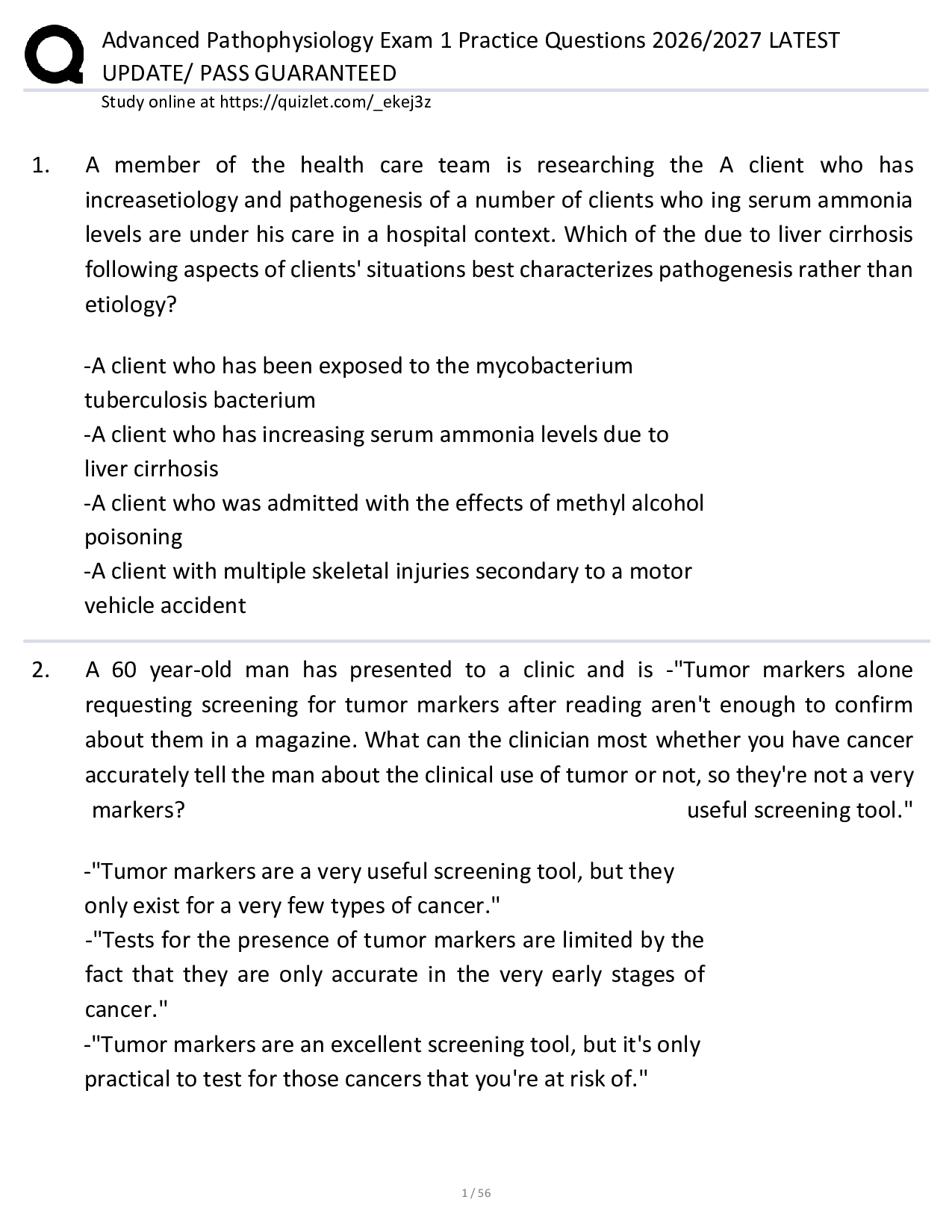 Advanced Pathophysiology Exam 1 Practice Questions 2026/2027 LATEST  UPDATE/ PASS GUARANTEED