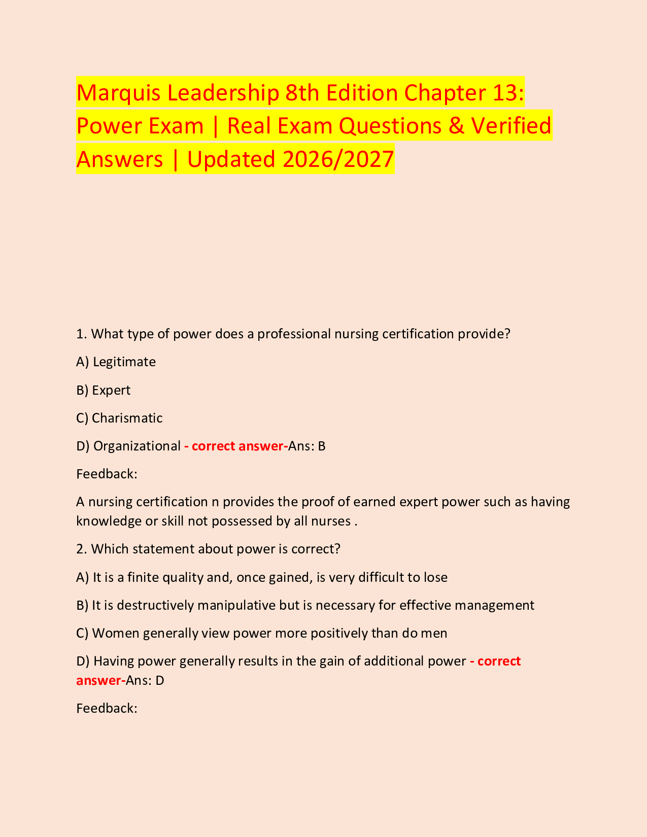 Marquis Leadership 8th Edition Chapter 13:  Power Exam | Real Exam Questions & Verified Answers | Updated 2026/2027
