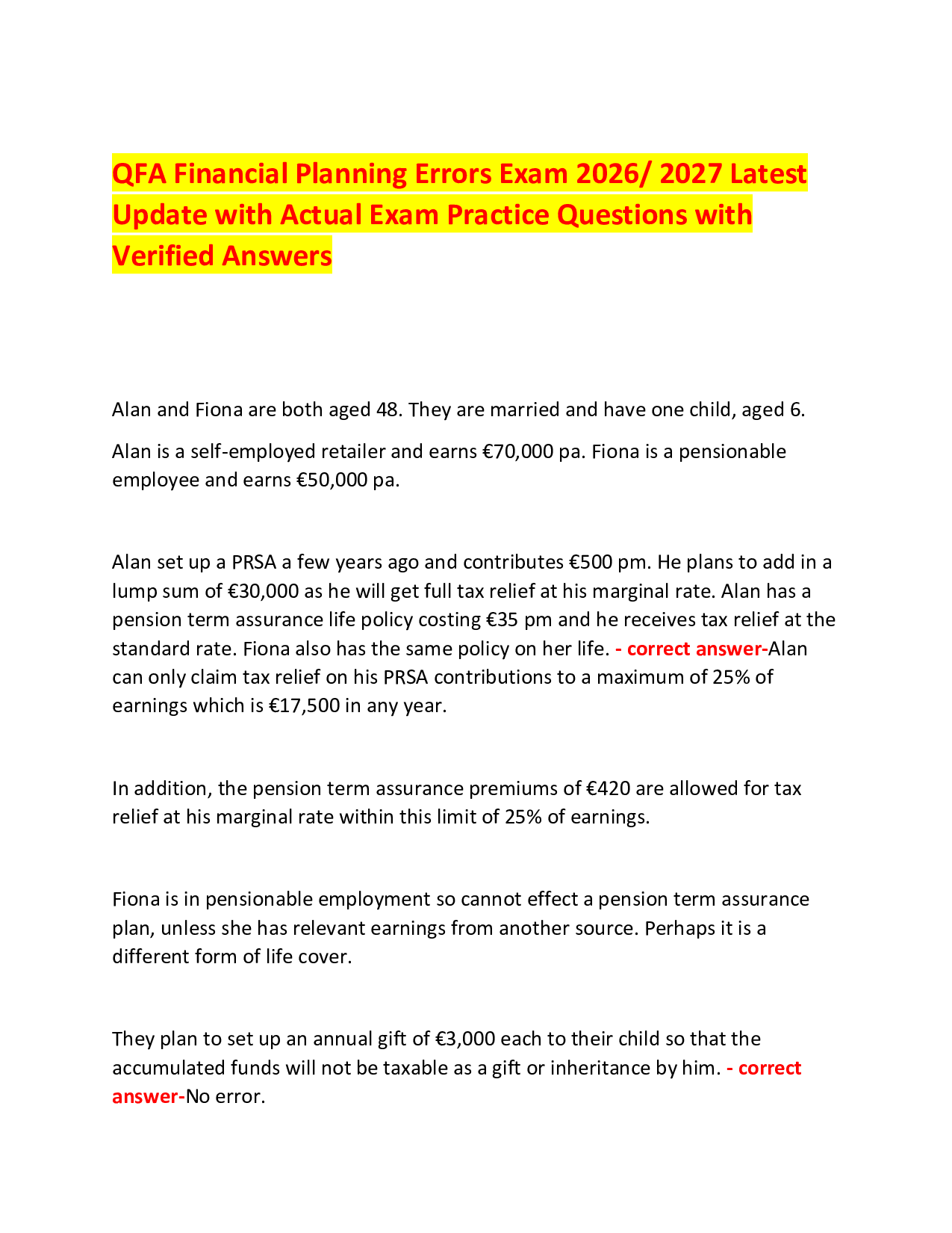 QFA Financial Planning Errors Exam 2026/ 2027 Latest  Update with Actual Exam Practice Questions with Verified Answers