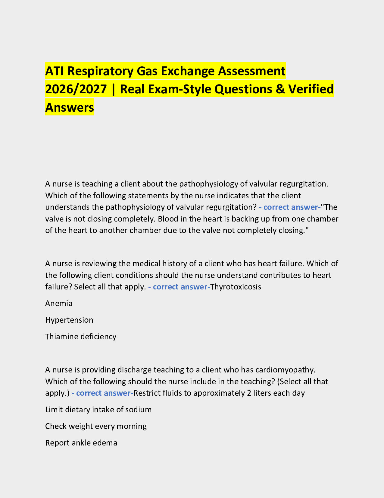 ATI Respiratory Gas Exchange Assessment  2026/2027 | Real Exam-Style Questions & Verified Answers