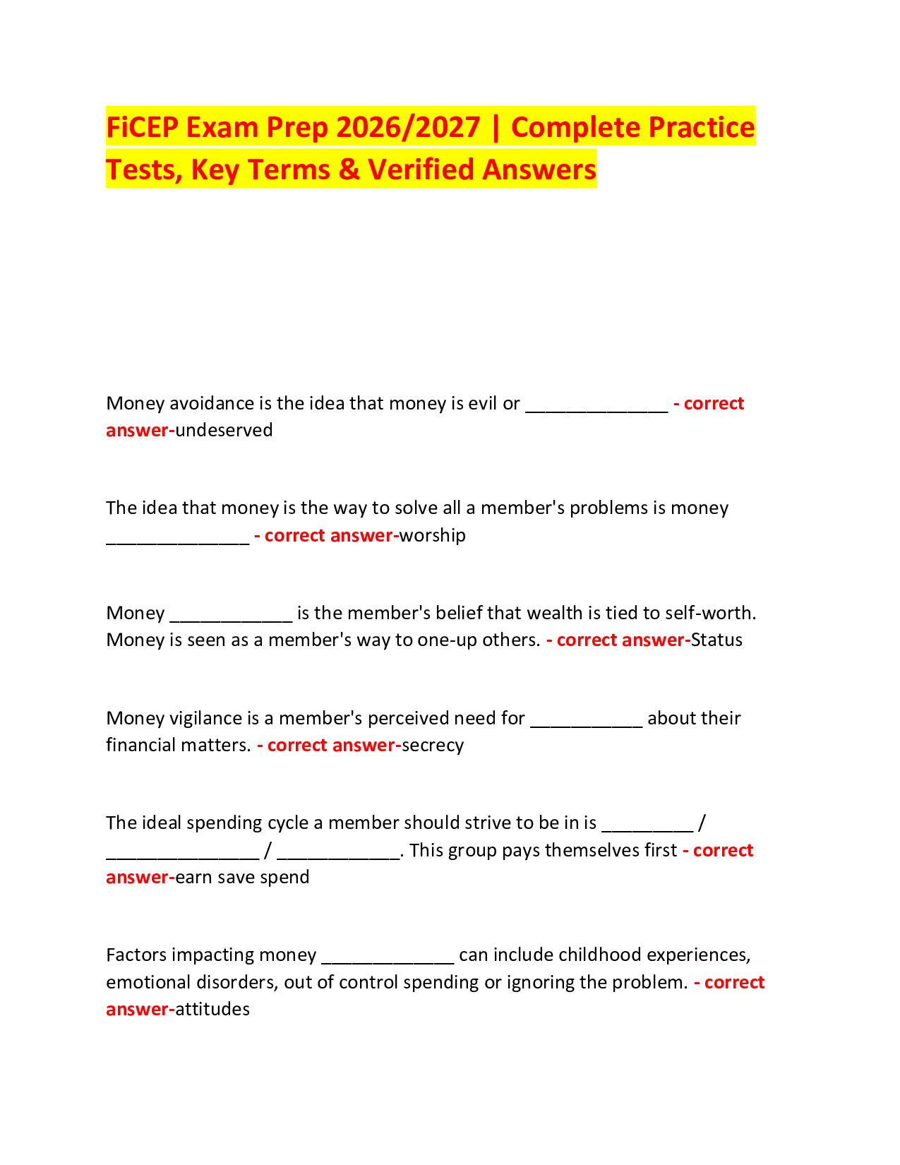 FiCEP Exam Prep 2026/2027 | Complete Practice Tests, Key Terms & Verified Answers