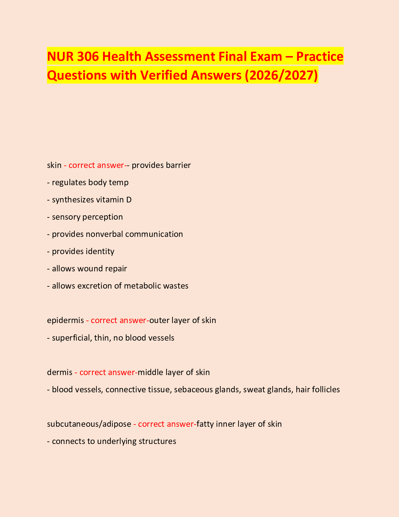 NUR 306 Health Assessment Final Exam – Practice Questions with Verified Answers (2026/2027)