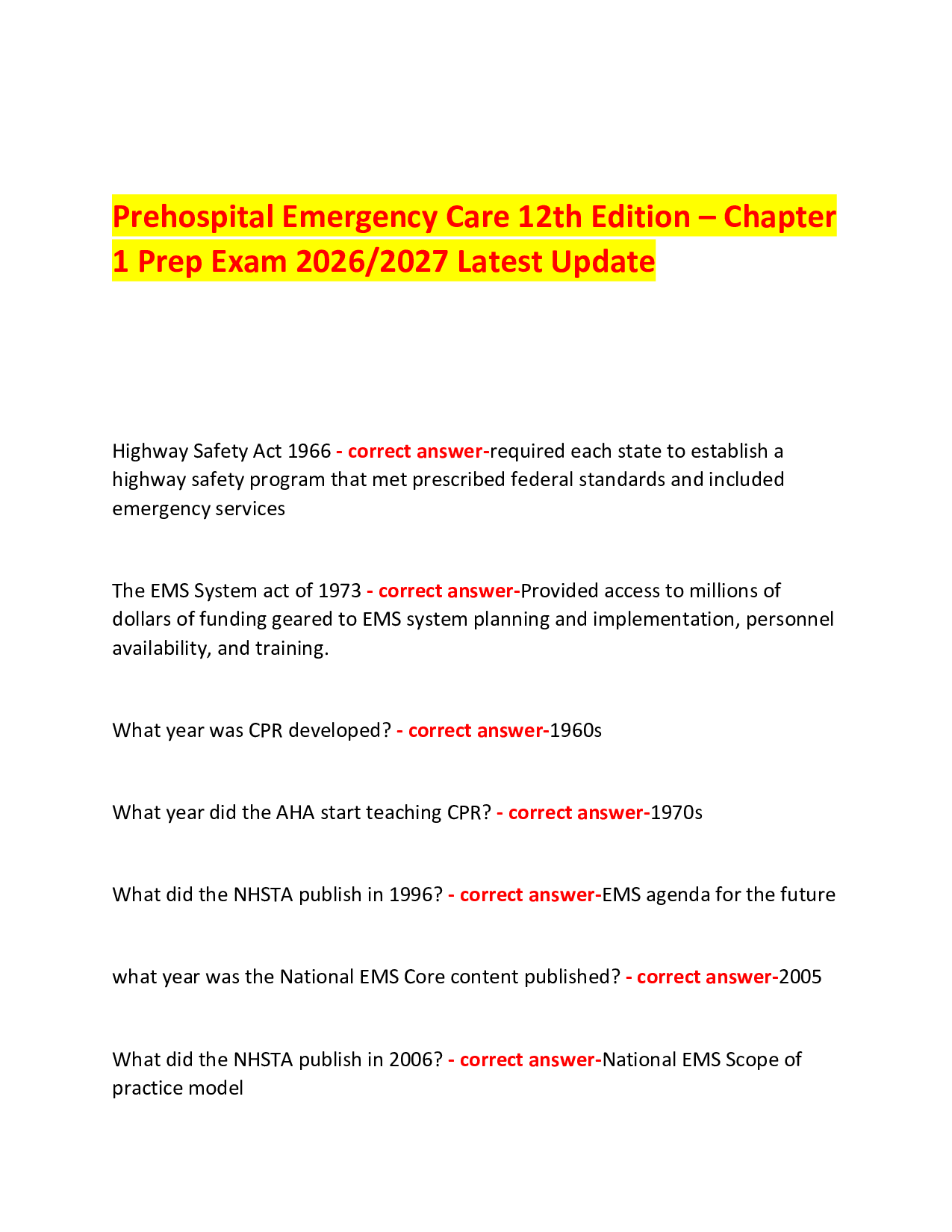 Prehospital Emergency Care 12th Edition – Chapter 1 Prep Exam 2026/2027 Latest Update