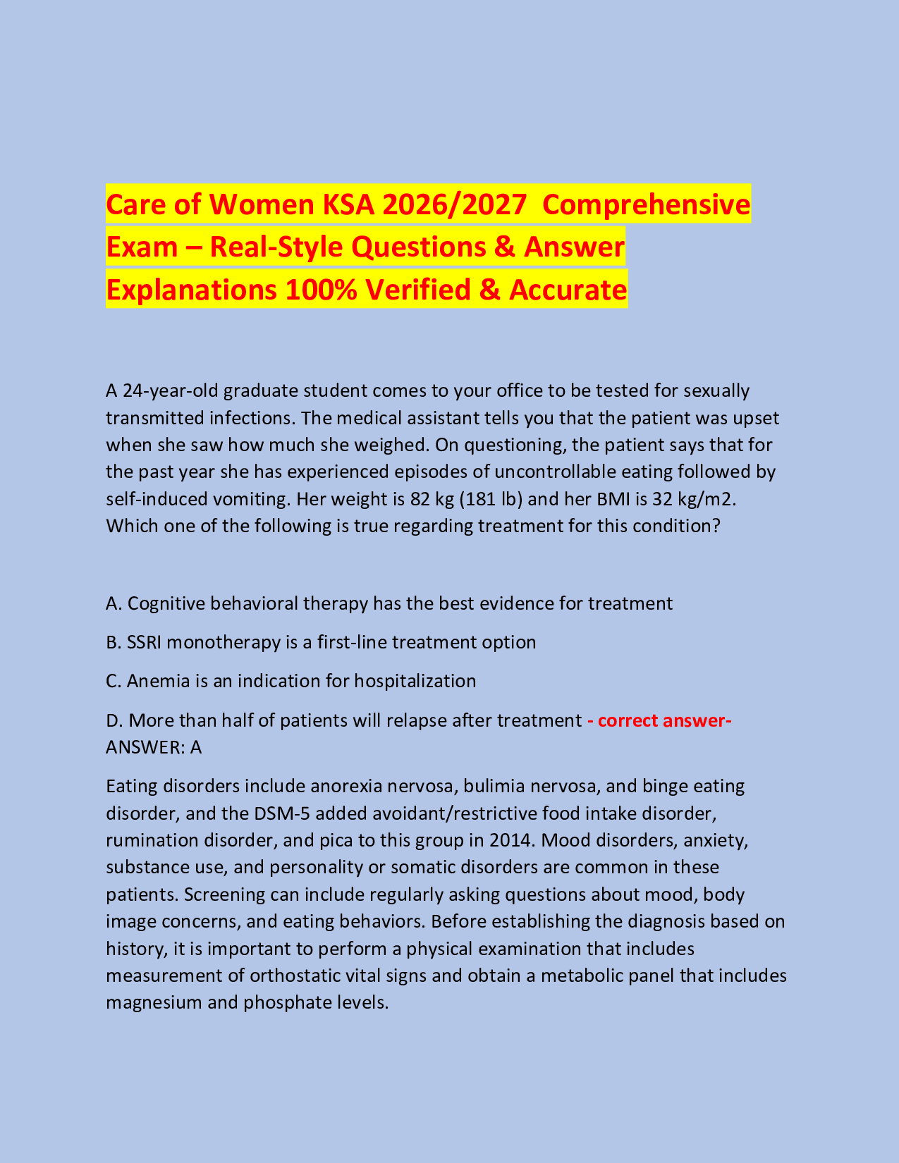 Care of Women KSA 2026/2027  Comprehensive  Exam – Real-Style Questions & Answer  Explanations 100% Verified & Accurate