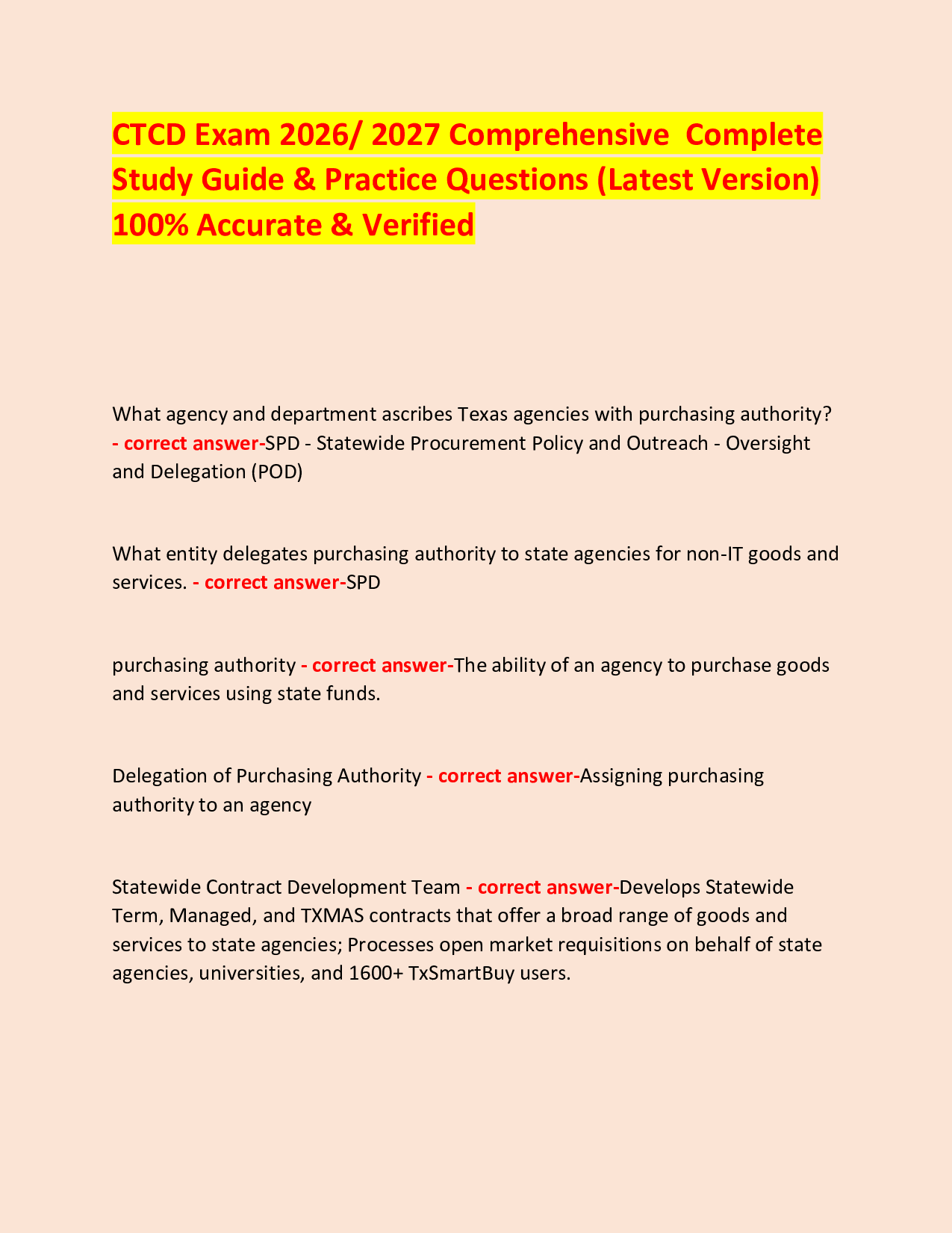 CTCD Exam 2026/ 2027 Comprehensive  Complete  Study Guide & Practice Questions (Latest Version) 100% Accurate & Verified