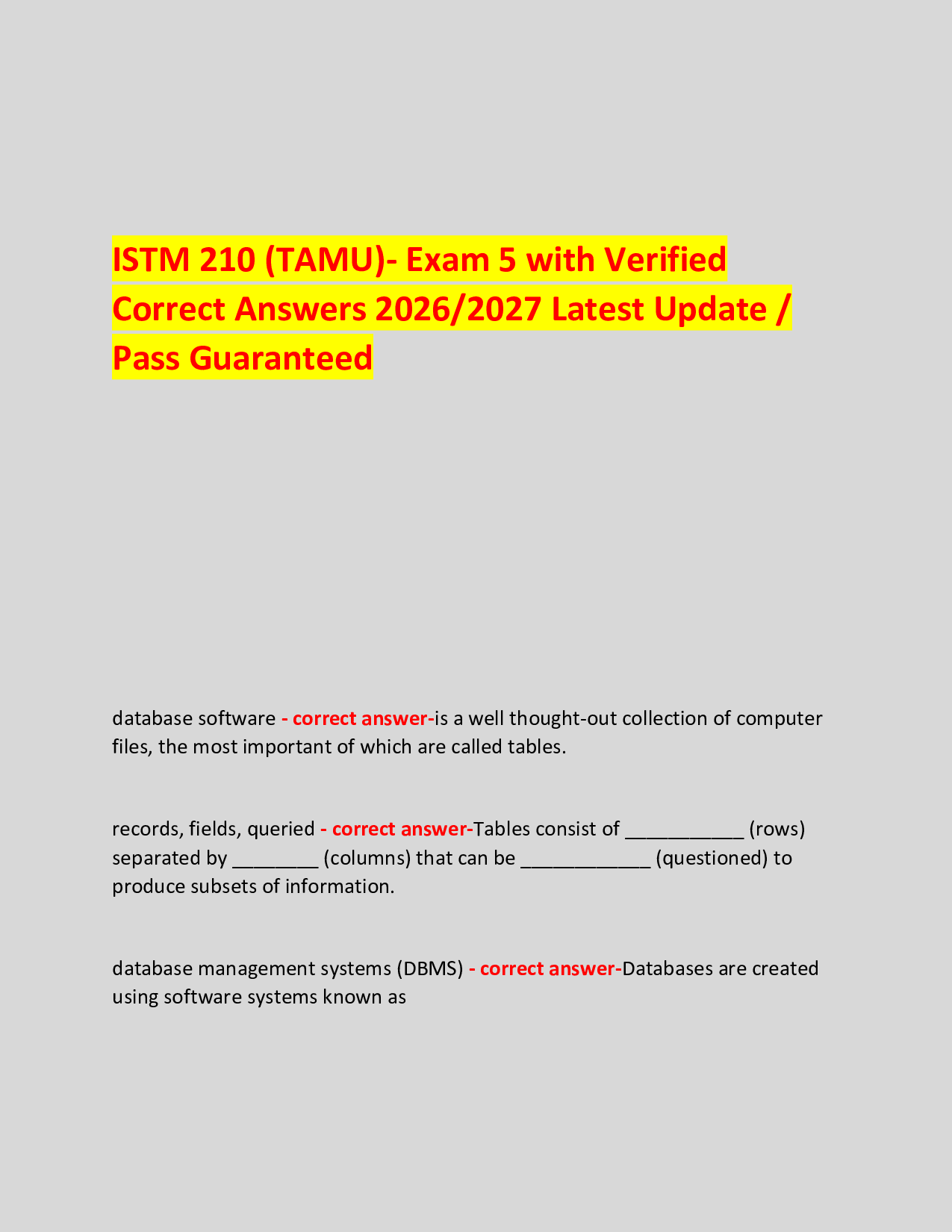ISTM 210 (TAMU)- Exam 5 with Verified  Correct Answers 2026/2027 Latest Update / Pass Guaranteed