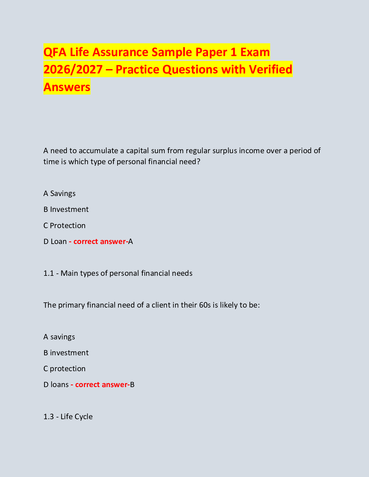 QFA Life Assurance Sample Paper 1 Exam  2026/2027 – Practice Questions with Verified Answers