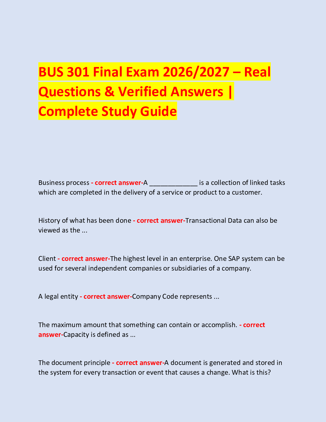 BUS 301 Final Exam 2026/2027 – Real  Questions & Verified Answers | Complete Study Guide