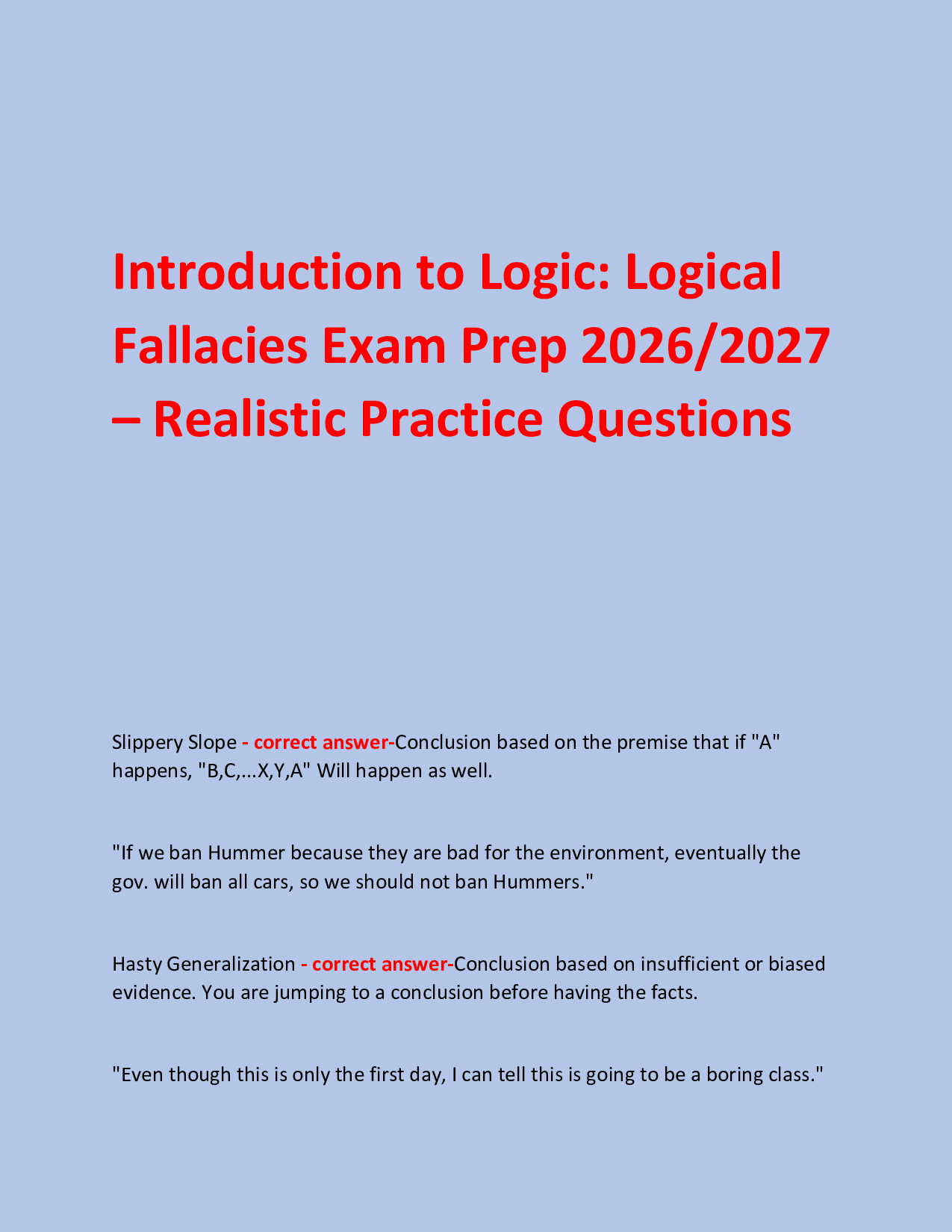 Introduction to Logic: Logical Fallacies Exam Prep 2026/2027 – Realistic Practice Questions