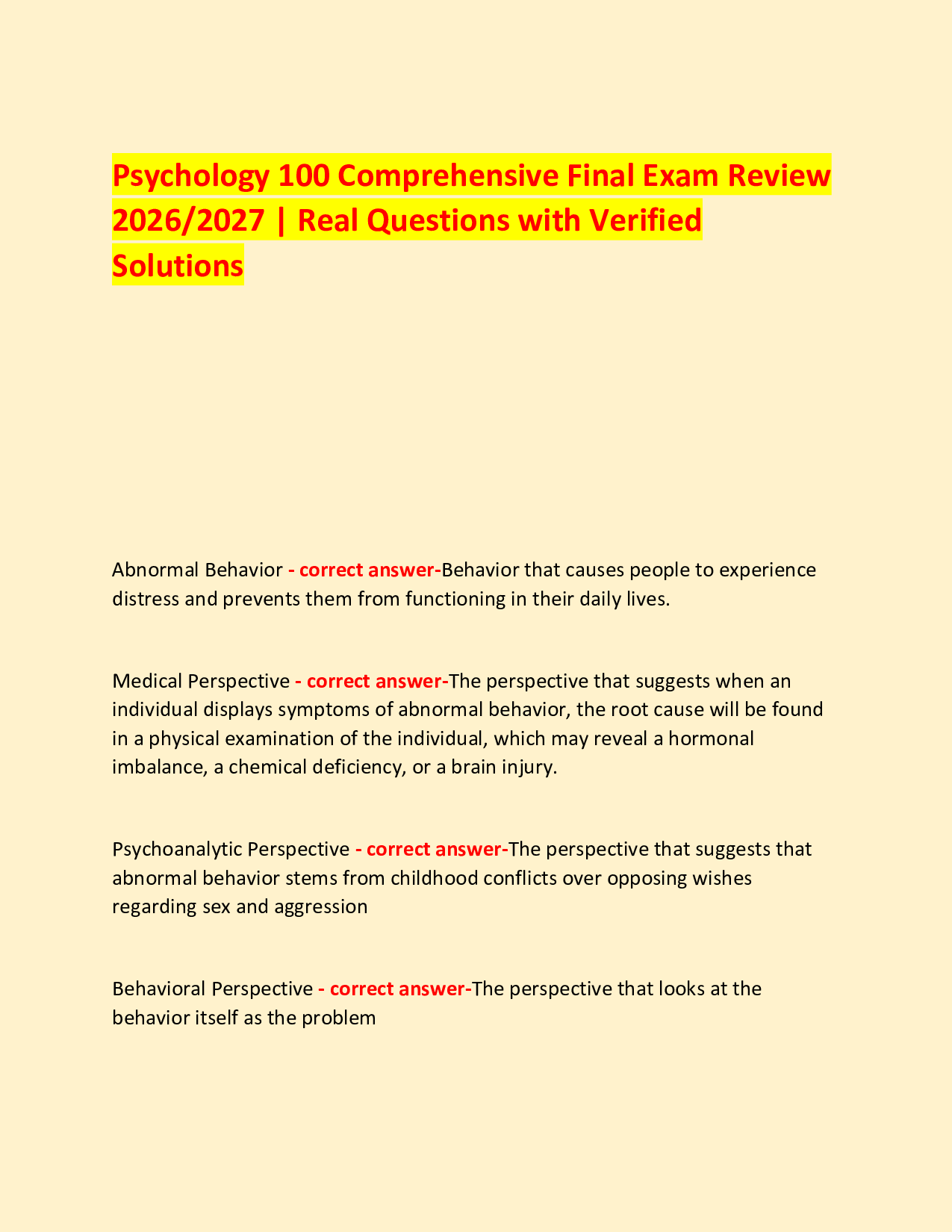 Psychology 100 Comprehensive Final Exam Review  2026/2027 | Real Questions with Verified Solutions