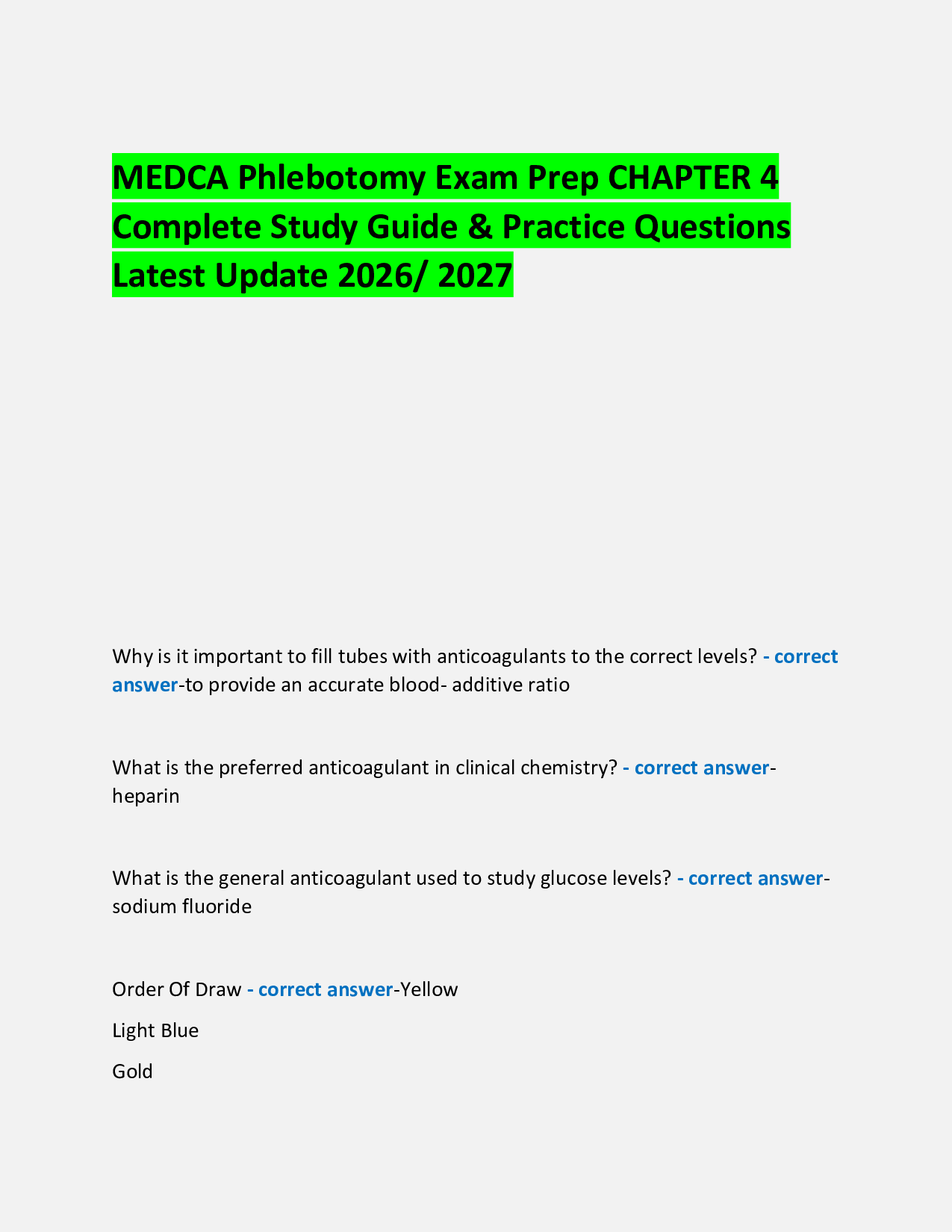 MEDCA Phlebotomy Exam Prep CHAPTER 4  Complete Study Guide & Practice Questions Latest Update 2026/ 2027