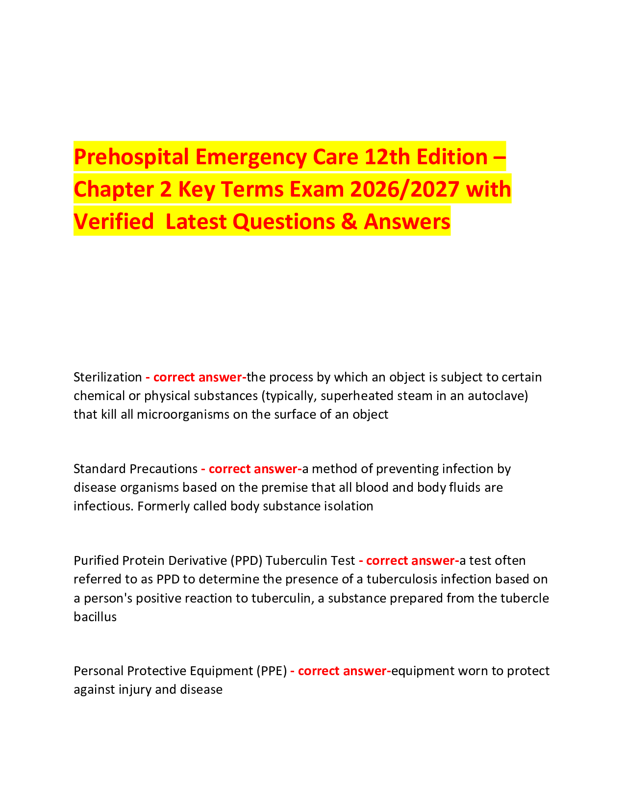 Prehospital Emergency Care 12th Edition – Chapter 2 Key Terms Exam 2026/2027 with Verified  Latest Questions & Answers