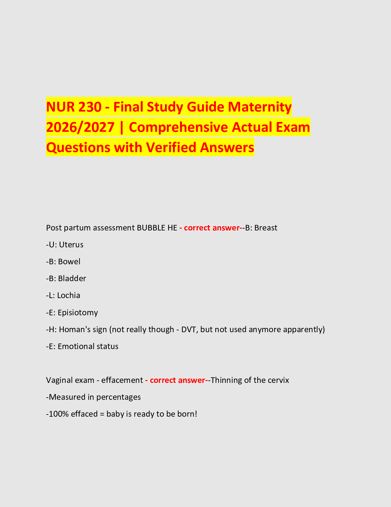 NUR 230 - Final Study Guide Maternity  2026/2027 | Comprehensive Actual Exam Questions with Verified Answers
